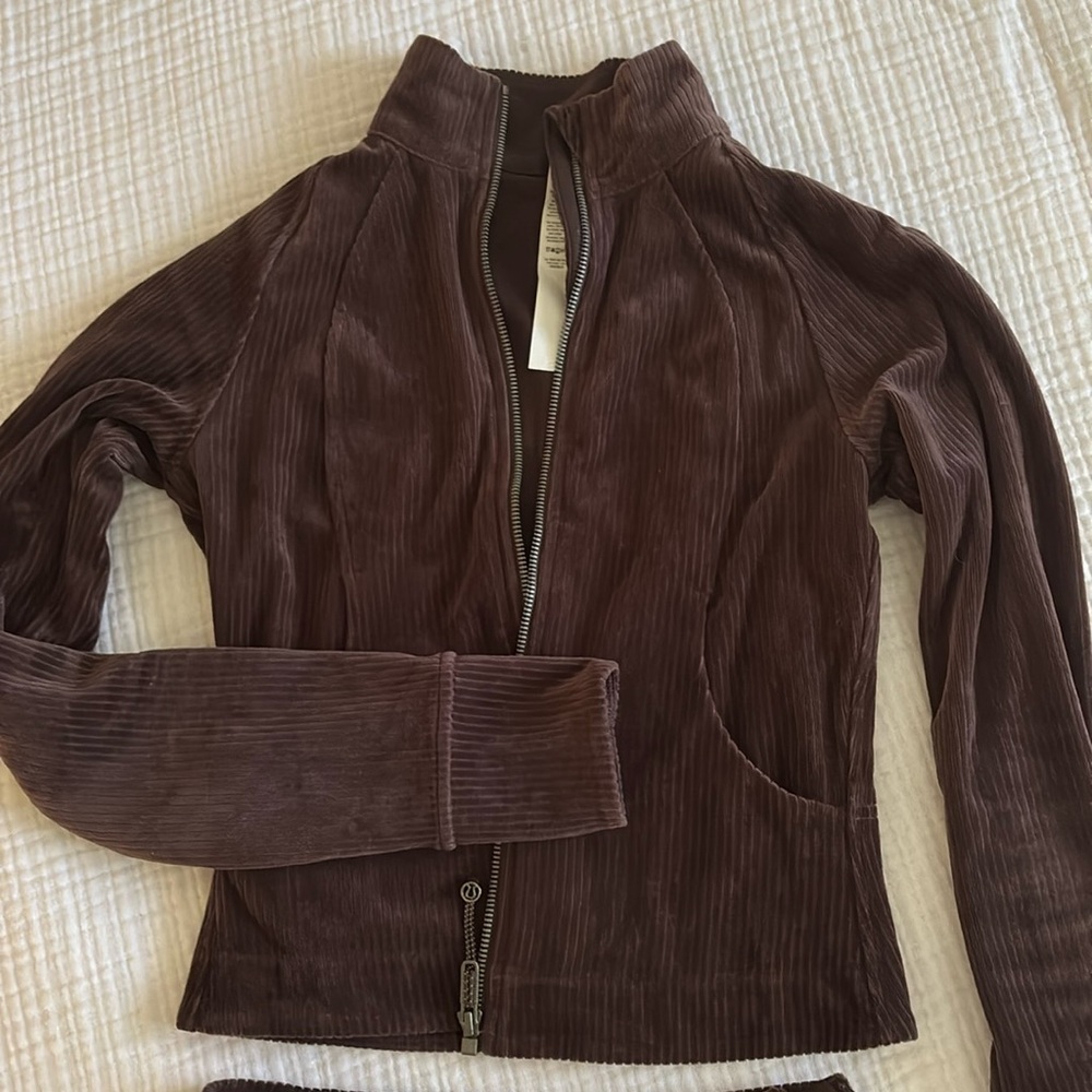 Lulu Lemon Scuba jacket with matching skirt, brown corduroy